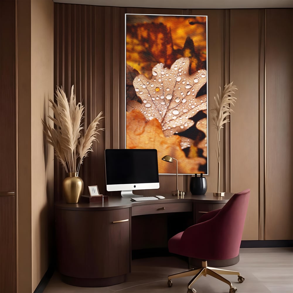 Leinwand Wandkunst Leinwand Wandkunst LuxCanva® A1362, Tautropfen , Lebendig, Blatt, Eiche, Herbst, Bernstein, Natur, Lebendige Farben