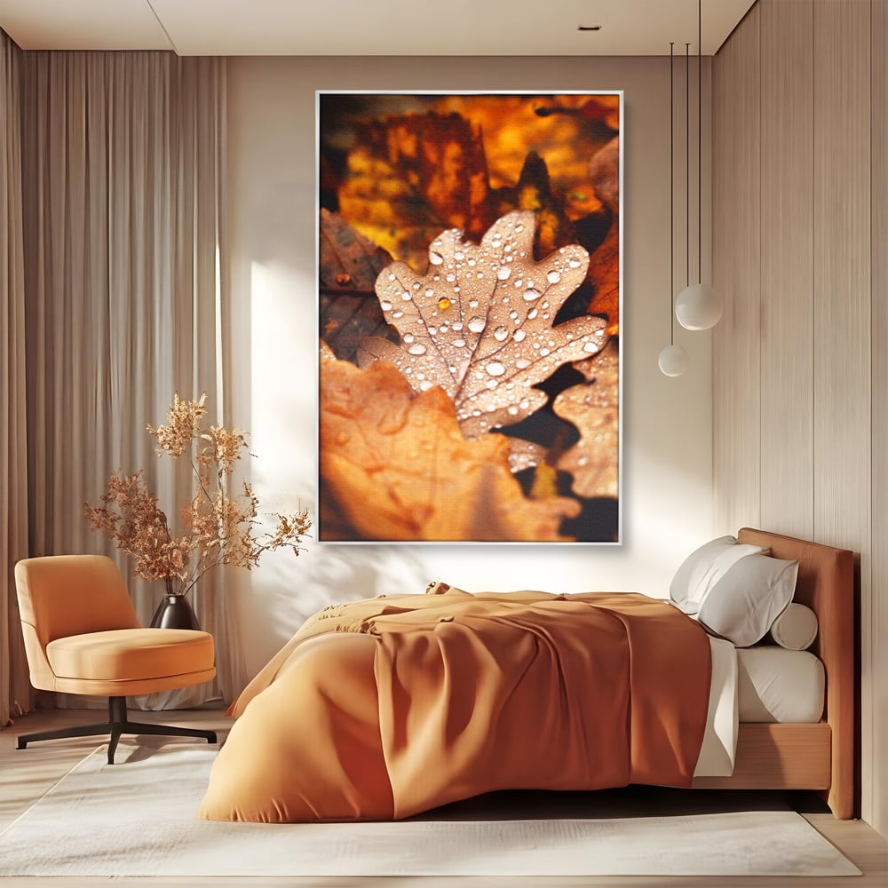 Leinwand Wandkunst Leinwand Wandkunst LuxCanva® A1362, Tautropfen , Lebendig, Blatt, Eiche, Herbst, Bernstein, Natur, Lebendige Farben