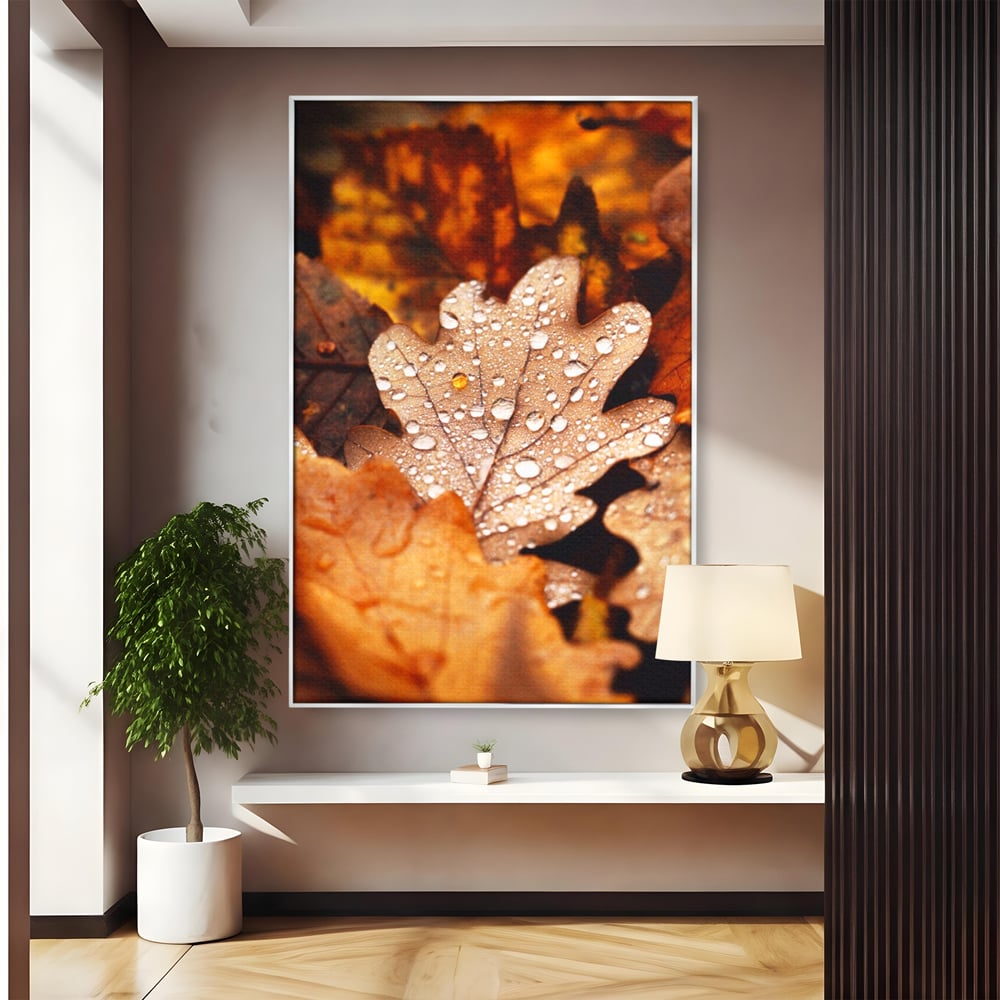 Leinwand Wandkunst Leinwand Wandkunst LuxCanva® A1362, Tautropfen , Lebendig, Blatt, Eiche, Herbst, Bernstein, Natur, Lebendige Farben