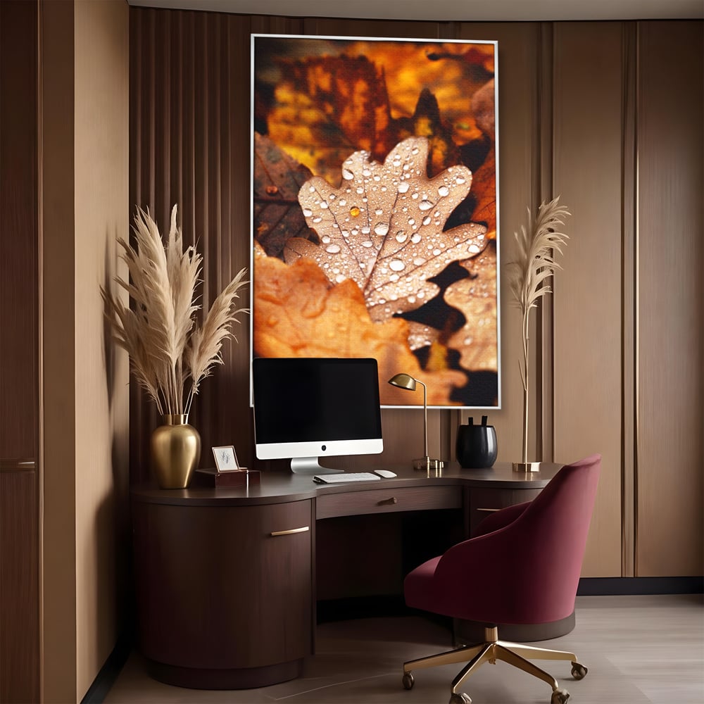 Leinwand Wandkunst Leinwand Wandkunst LuxCanva® A1362, Tautropfen , Lebendig, Blatt, Eiche, Herbst, Bernstein, Natur, Lebendige Farben