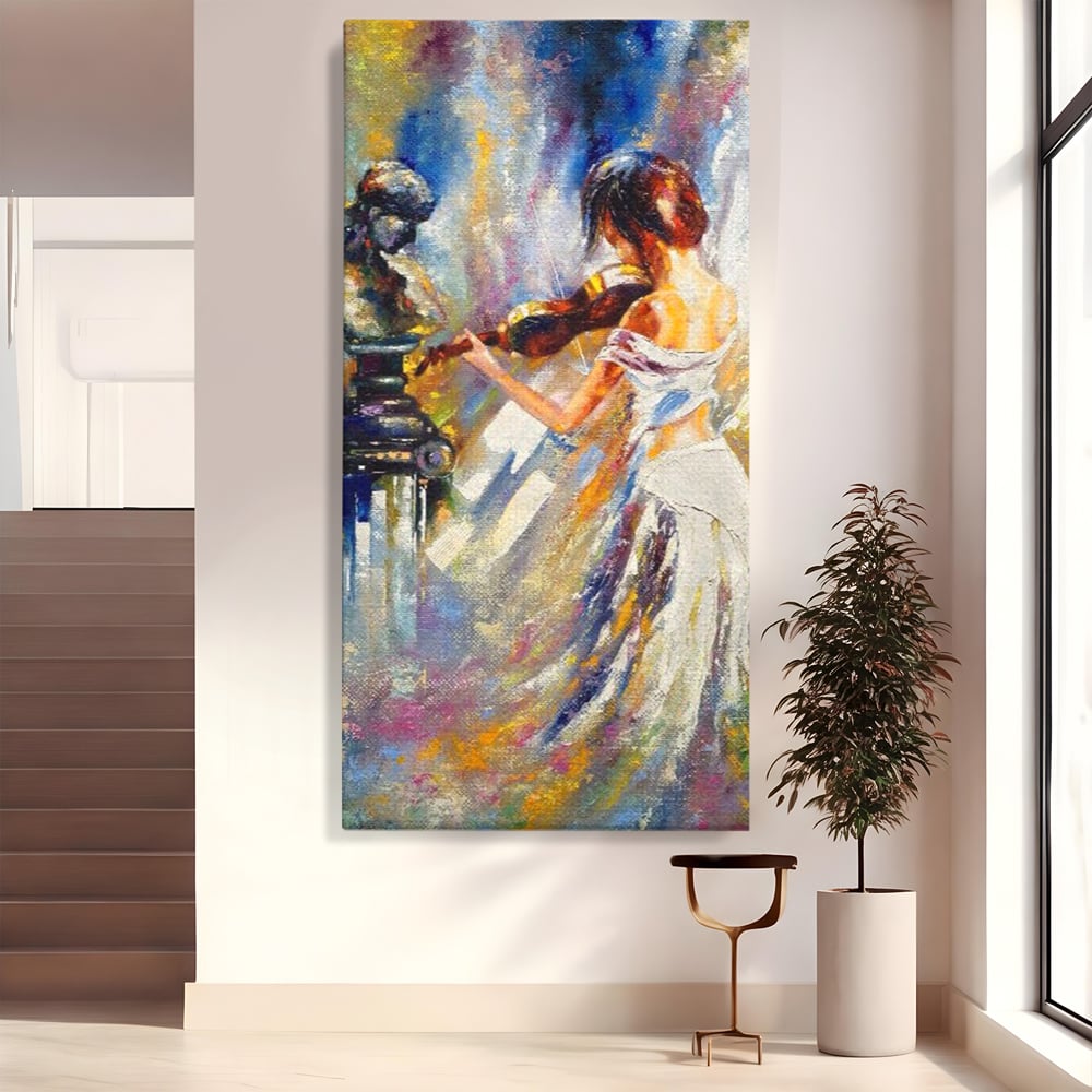 Tablou Canvas Premium LuxCanva® A1374, Fata Cu Vioara , Dormitor, Femeie, Instrument, Muzica, Statuie, Dressing, Culori Vibrante