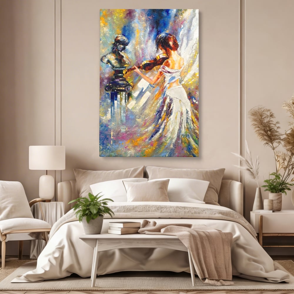 Tablou Canvas Premium LuxCanva® A1374, Fata Cu Vioara , Dormitor, Femeie, Instrument, Muzica, Statuie, Dressing, Culori Vibrante
