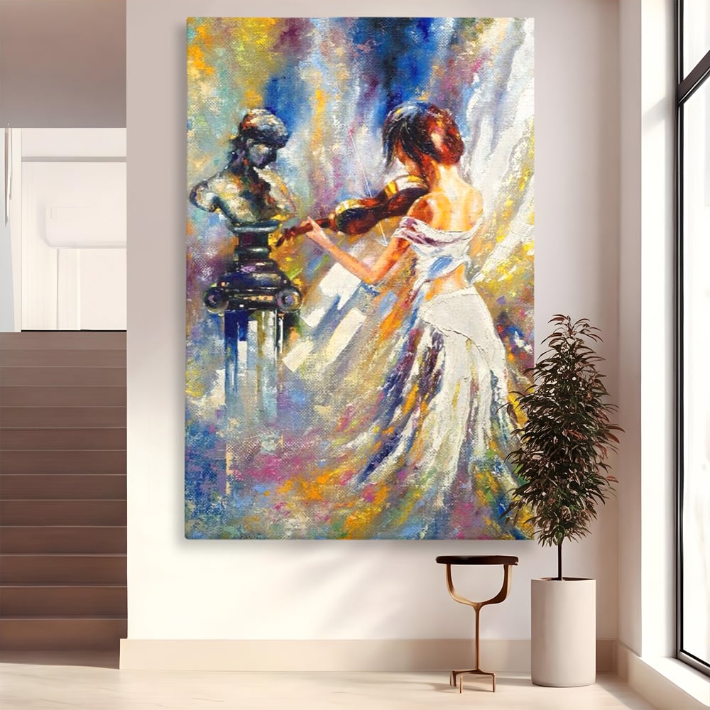 Tablou Canvas Premium LuxCanva® A1374, Fata Cu Vioara , Dormitor, Femeie, Instrument, Muzica, Statuie, Dressing, Culori Vibrante