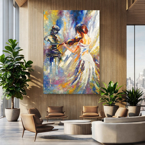 Tablou Canvas Premium LuxCanva® A1374, Fata Cu Vioara , Dormitor, Femeie, Instrument, Muzica, Statuie, Dressing, Culori Vibrante