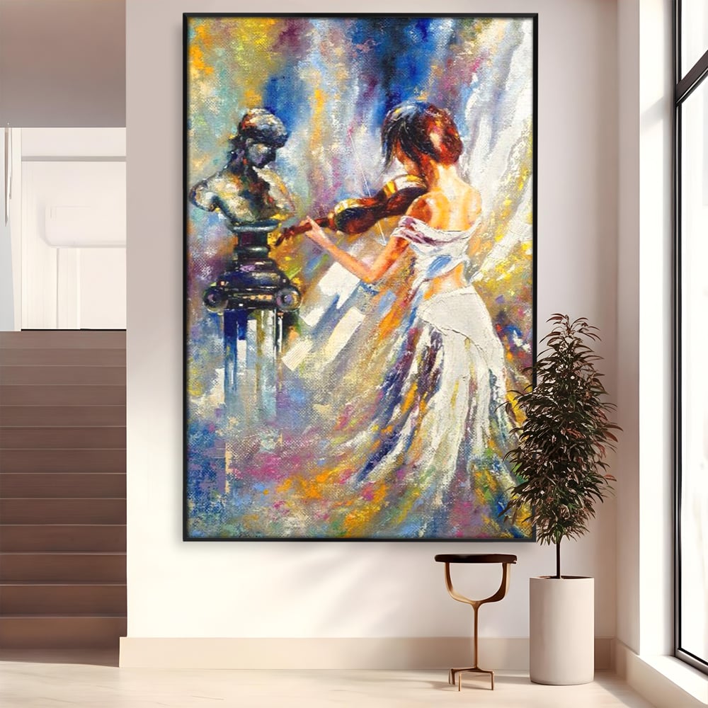 Tablou Canvas Premium LuxCanva® A1374, Fata Cu Vioara , Dormitor, Femeie, Instrument, Muzica, Statuie, Dressing, Culori Vibrante