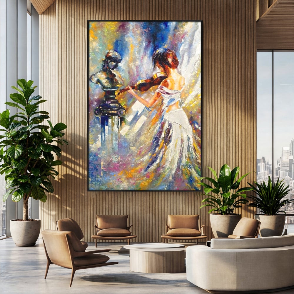 Tablou Canvas Premium LuxCanva® A1374, Fata Cu Vioara , Dormitor, Femeie, Instrument, Muzica, Statuie, Dressing, Culori Vibrante
