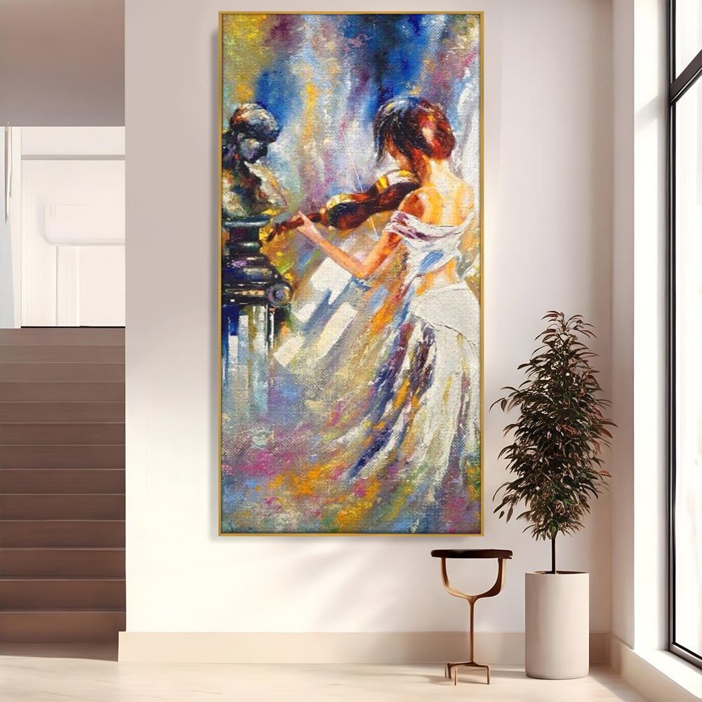 Tablou Canvas Premium LuxCanva® A1374, Fata Cu Vioara , Dormitor, Femeie, Instrument, Muzica, Statuie, Dressing, Culori Vibrante