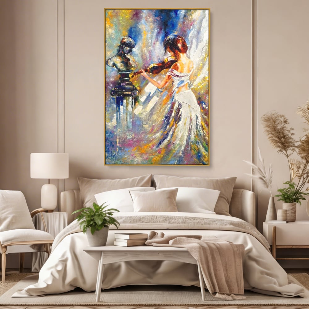 Tablou Canvas Premium LuxCanva® A1374, Fata Cu Vioara , Dormitor, Femeie, Instrument, Muzica, Statuie, Dressing, Culori Vibrante