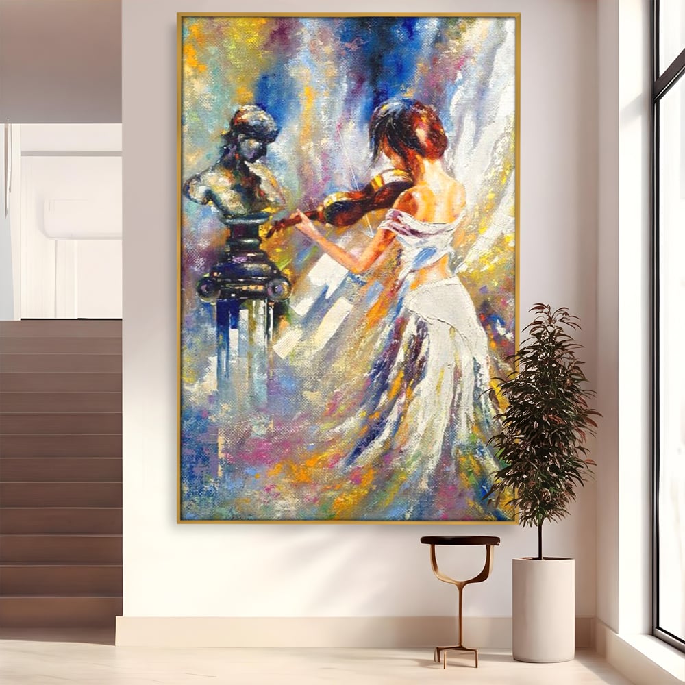 Tablou Canvas Premium LuxCanva® A1374, Fata Cu Vioara , Dormitor, Femeie, Instrument, Muzica, Statuie, Dressing, Culori Vibrante