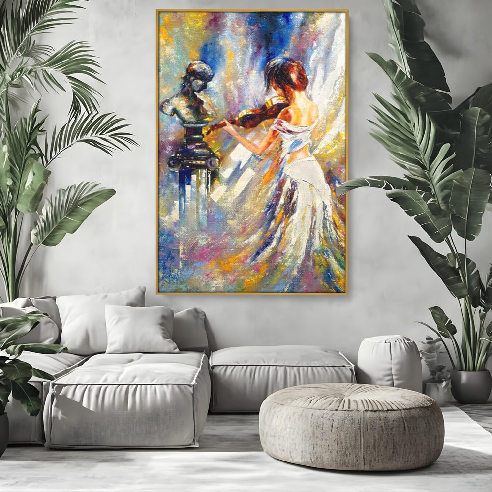 Tablou Canvas Premium LuxCanva® A1374, Fata Cu Vioara , Dormitor, Femeie, Instrument, Muzica, Statuie, Dressing, Culori Vibrante