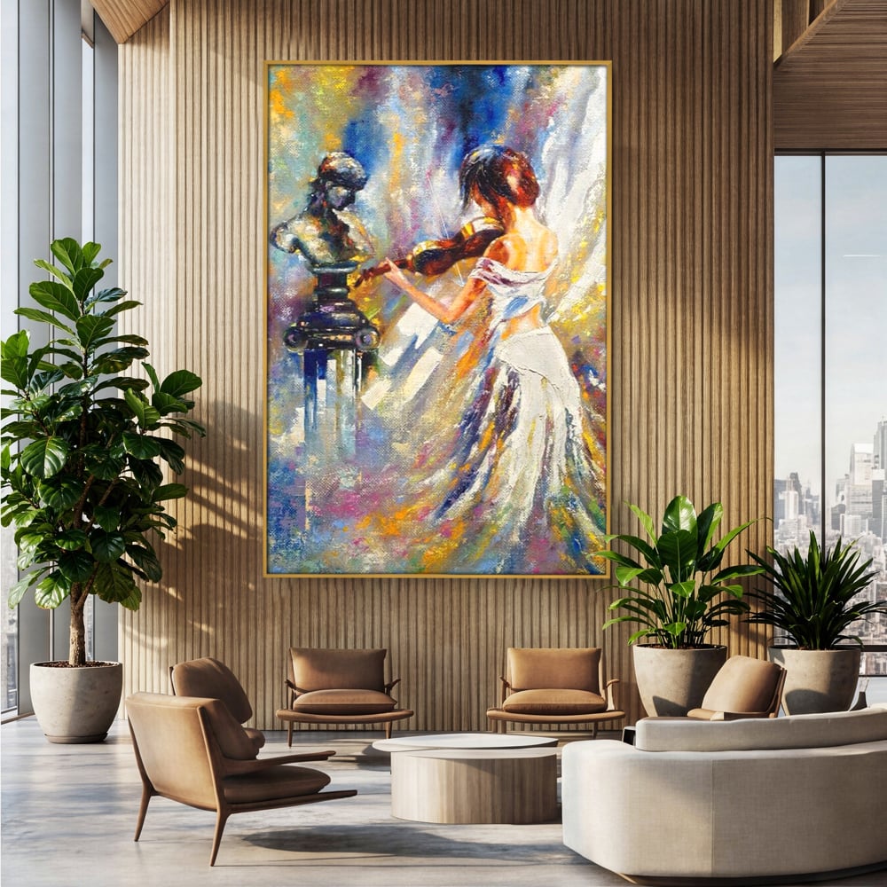 Tablou Canvas Premium LuxCanva® A1374, Fata Cu Vioara , Dormitor, Femeie, Instrument, Muzica, Statuie, Dressing, Culori Vibrante