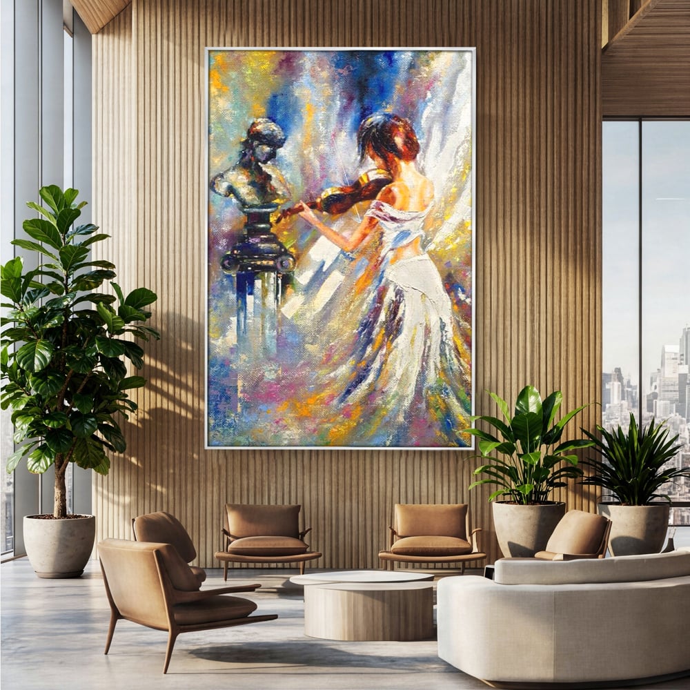 Tablou Canvas Premium LuxCanva® A1374, Fata Cu Vioara , Dormitor, Femeie, Instrument, Muzica, Statuie, Dressing, Culori Vibrante