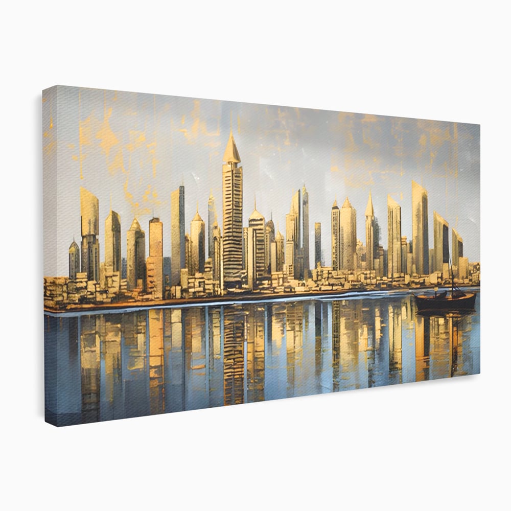 Tablou Canvas Premium LuxCanva® A1383, Oras In Oglinda , Living, Cladiri, Reflexie, Dormitor, Culori Vibrante
