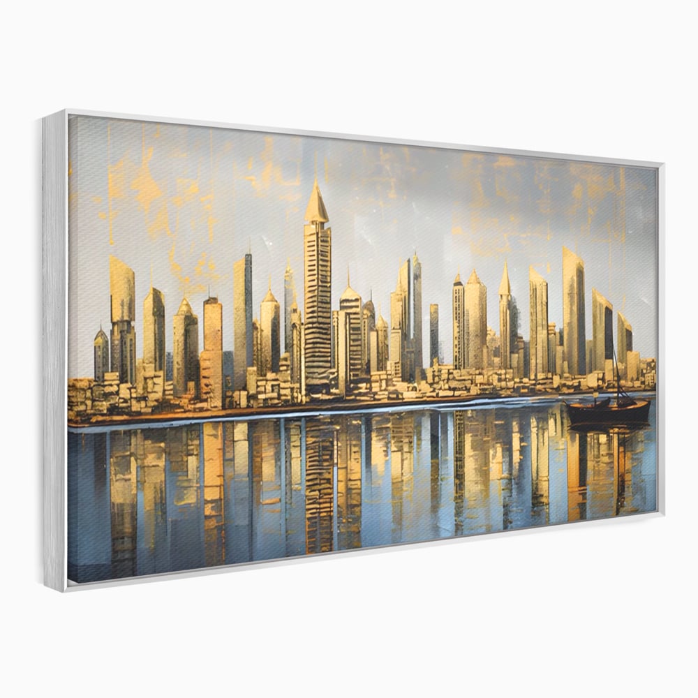 Tablou Canvas Premium LuxCanva® A1383, Oras In Oglinda , Living, Cladiri, Reflexie, Dormitor, Culori Vibrante
