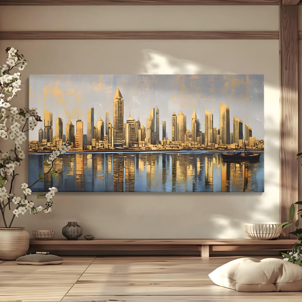 Tablou Canvas Premium LuxCanva® A1383, Oras In Oglinda , Living, Cladiri, Reflexie, Dormitor, Culori Vibrante