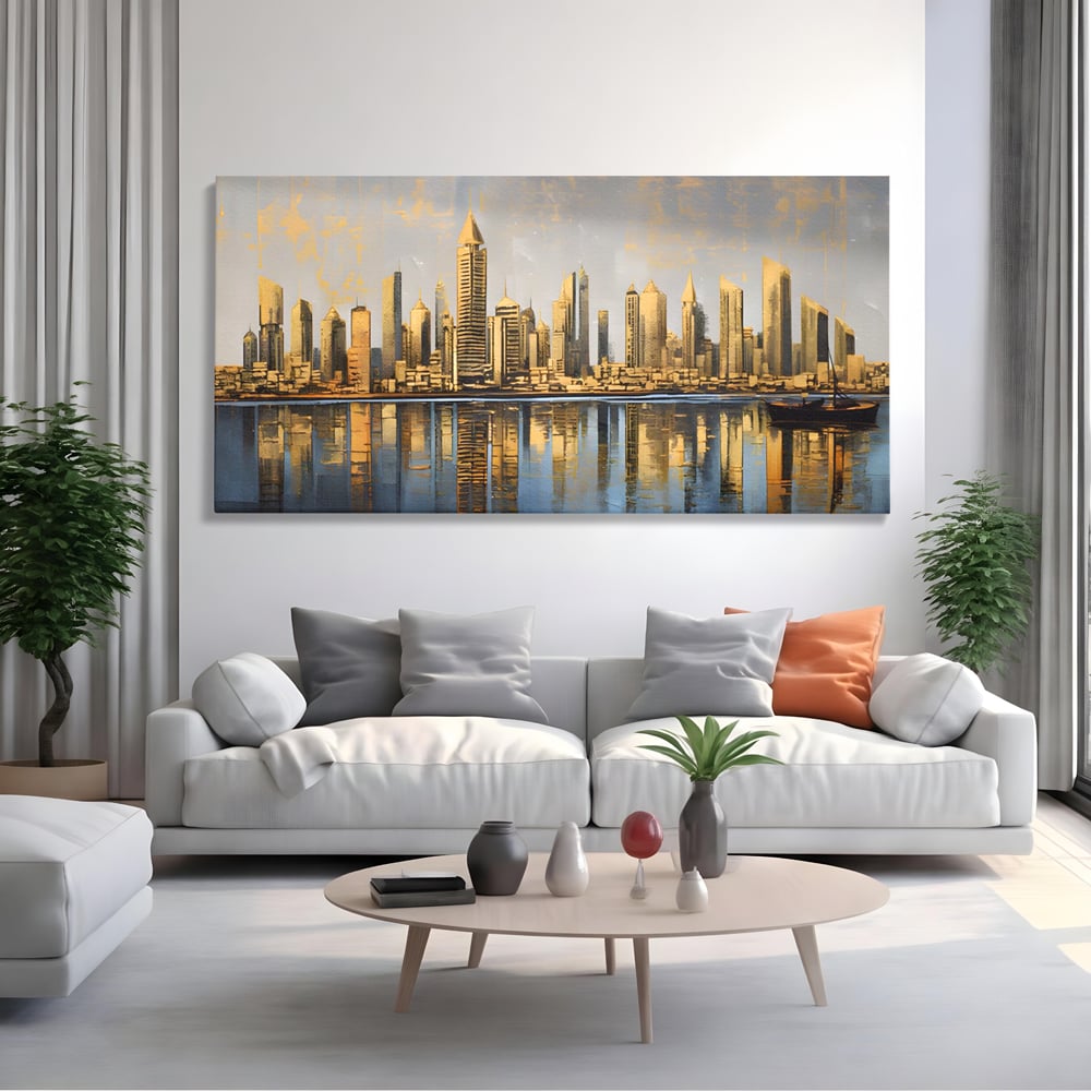 Tablou Canvas Premium LuxCanva® A1383, Oras In Oglinda , Living, Cladiri, Reflexie, Dormitor, Culori Vibrante