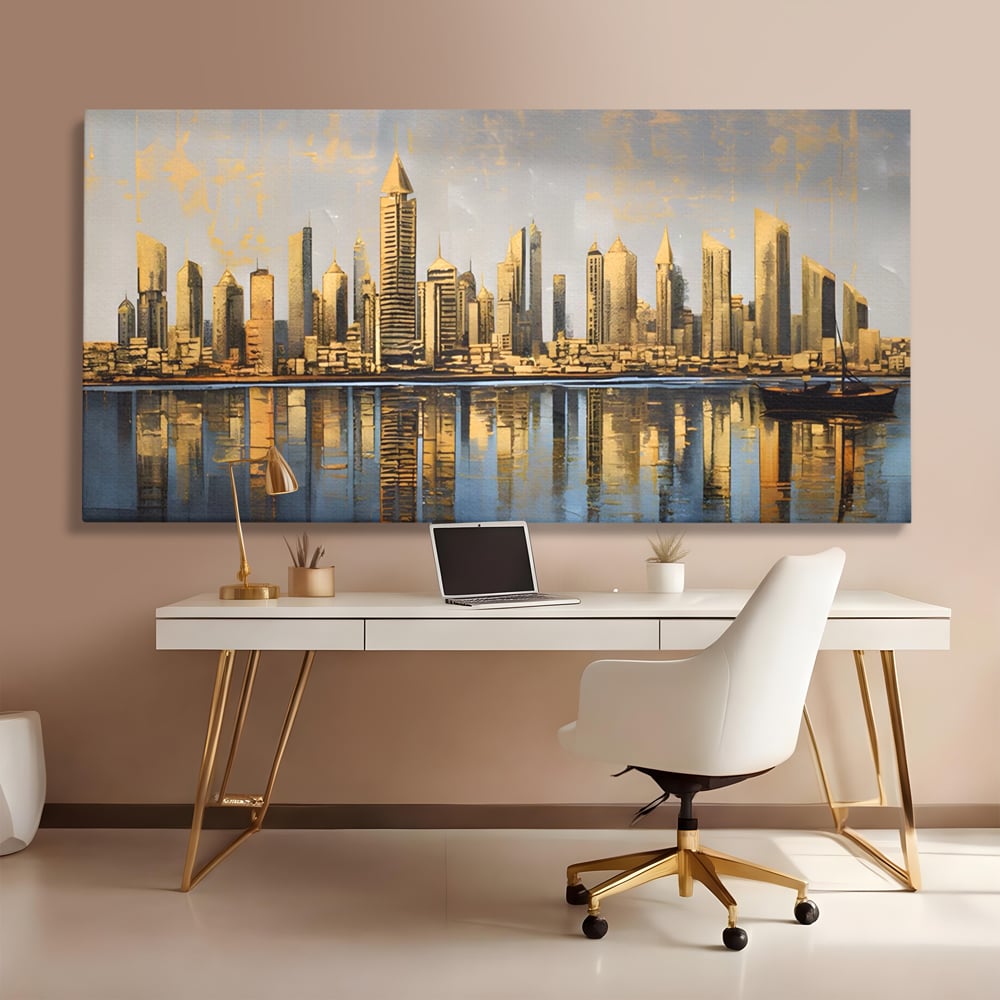 Tablou Canvas Premium LuxCanva® A1383, Oras In Oglinda , Living, Cladiri, Reflexie, Dormitor, Culori Vibrante