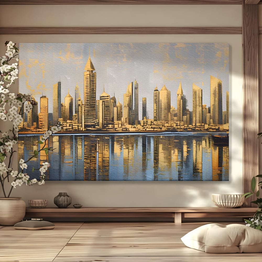Tablou Canvas Premium LuxCanva® A1383, Oras In Oglinda , Living, Cladiri, Reflexie, Dormitor, Culori Vibrante