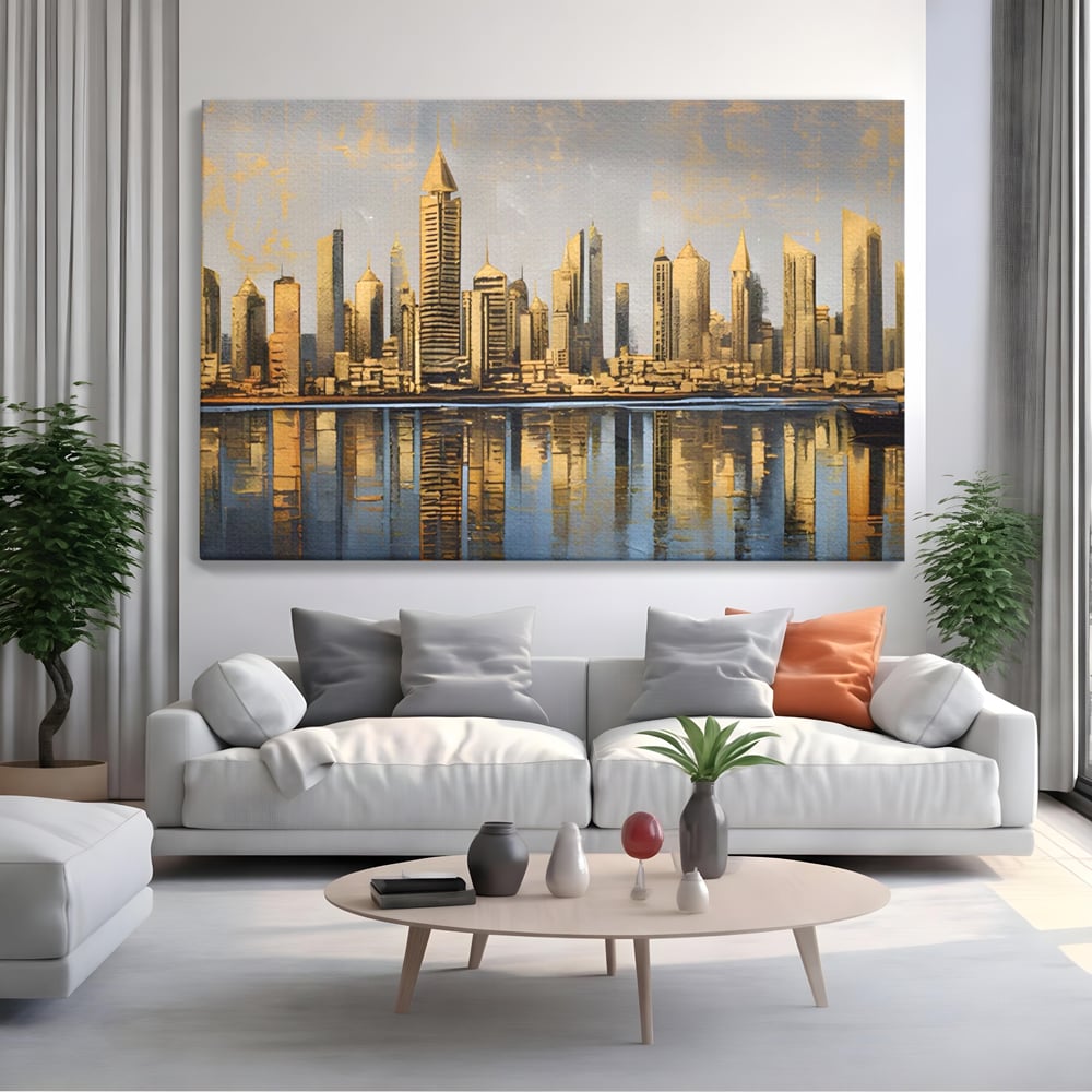 Tablou Canvas Premium LuxCanva® A1383, Oras In Oglinda , Living, Cladiri, Reflexie, Dormitor, Culori Vibrante