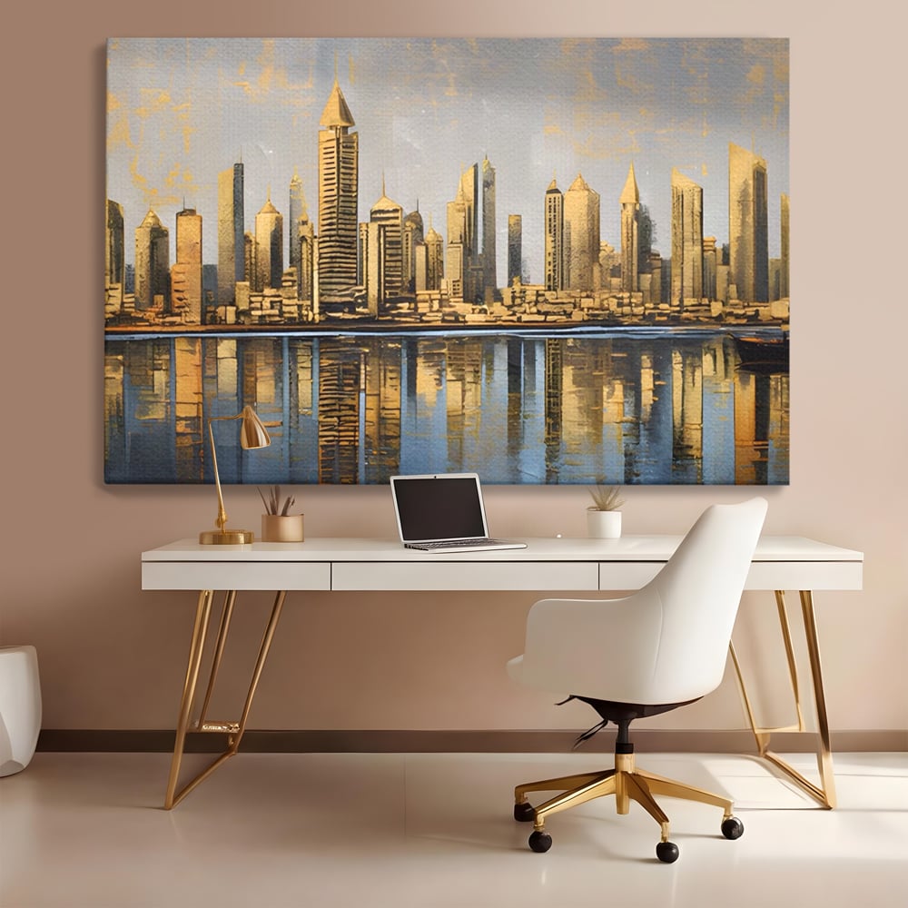 Tablou Canvas Premium LuxCanva® A1383, Oras In Oglinda , Living, Cladiri, Reflexie, Dormitor, Culori Vibrante