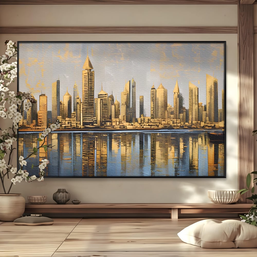 Tablou Canvas Premium LuxCanva® A1383, Oras In Oglinda , Living, Cladiri, Reflexie, Dormitor, Culori Vibrante