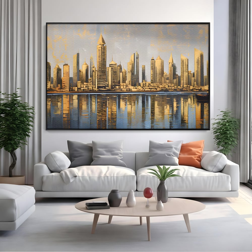Tablou Canvas Premium LuxCanva® A1383, Oras In Oglinda , Living, Cladiri, Reflexie, Dormitor, Culori Vibrante
