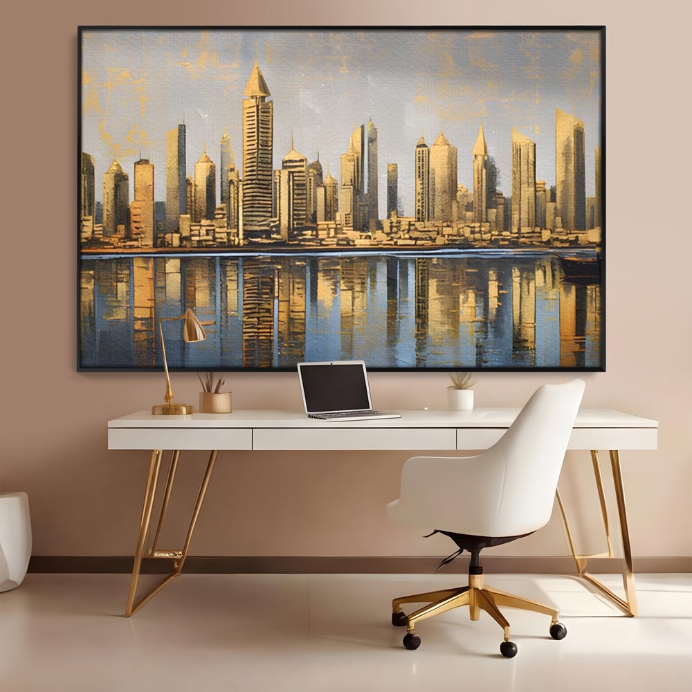 Tablou Canvas Premium LuxCanva® A1383, Oras In Oglinda , Living, Cladiri, Reflexie, Dormitor, Culori Vibrante