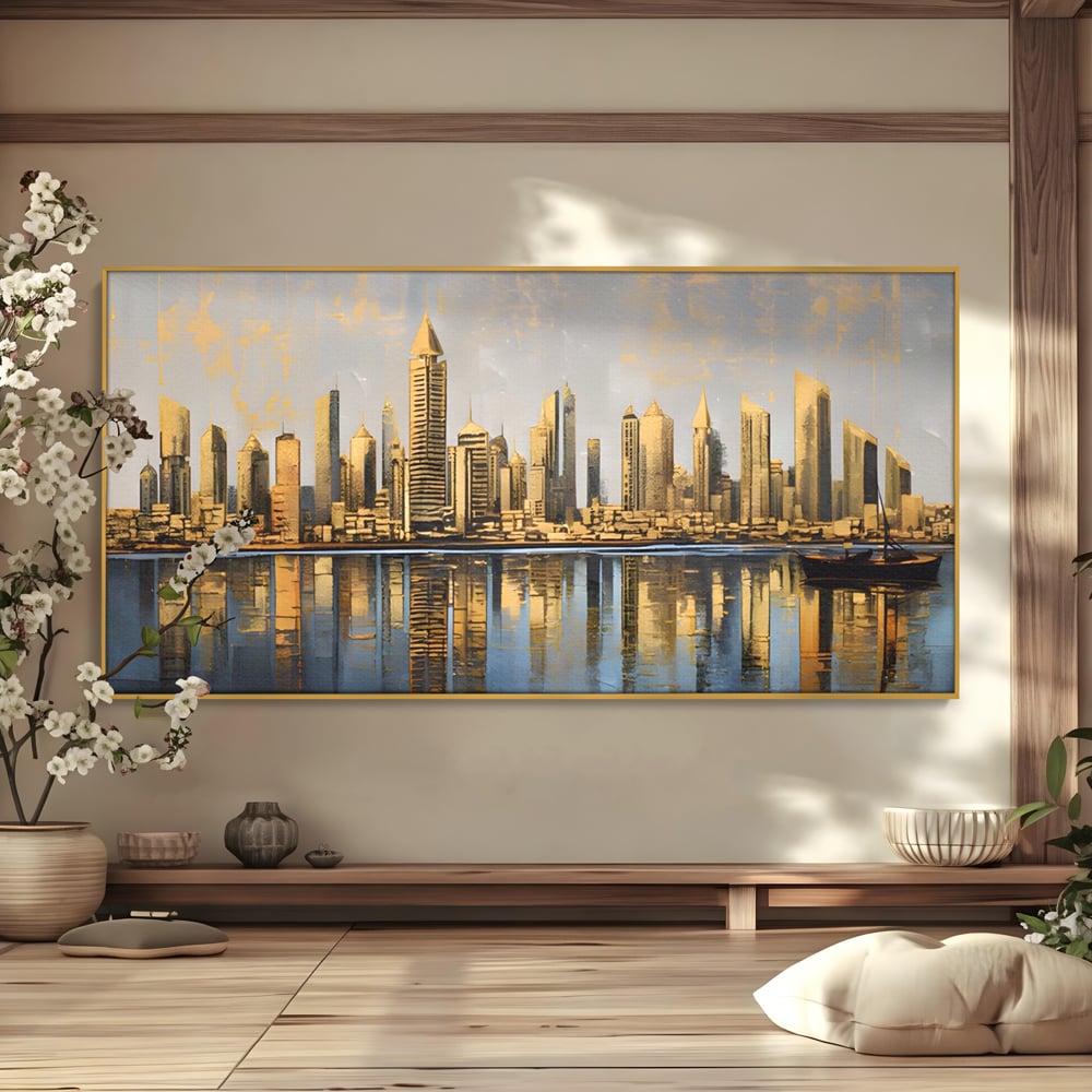 Tablou Canvas Premium LuxCanva® A1383, Oras In Oglinda , Living, Cladiri, Reflexie, Dormitor, Culori Vibrante