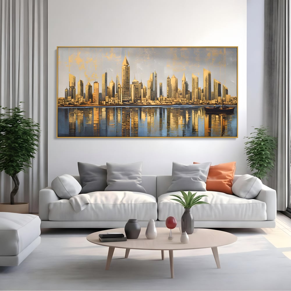 Tablou Canvas Premium LuxCanva® A1383, Oras In Oglinda , Living, Cladiri, Reflexie, Dormitor, Culori Vibrante