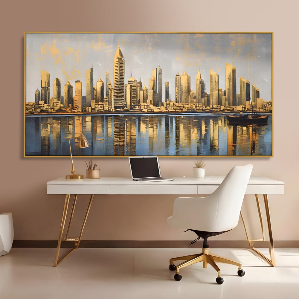 Tablou Canvas Premium LuxCanva® A1383, Oras In Oglinda , Living, Cladiri, Reflexie, Dormitor, Culori Vibrante
