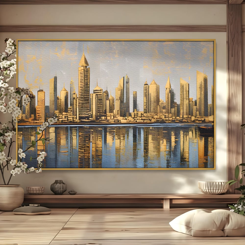 Tablou Canvas Premium LuxCanva® A1383, Oras In Oglinda , Living, Cladiri, Reflexie, Dormitor, Culori Vibrante