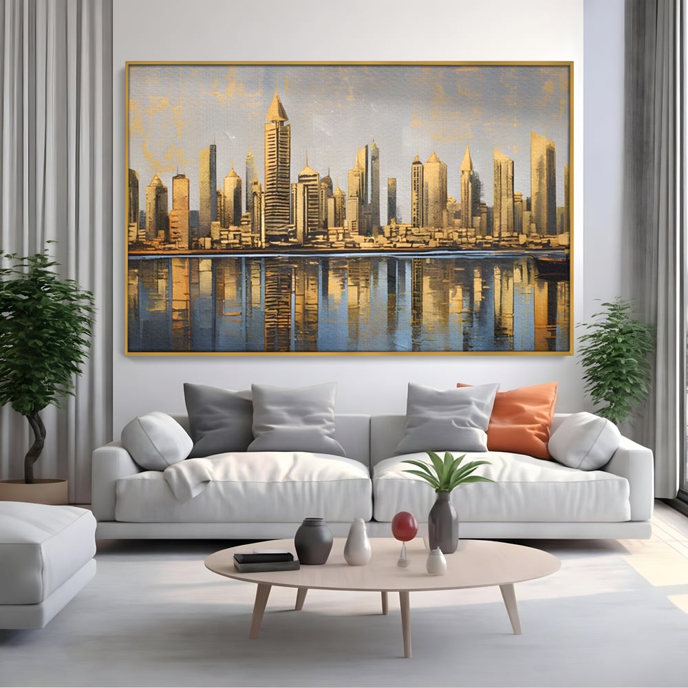 Tablou Canvas Premium LuxCanva® A1383, Oras In Oglinda , Living, Cladiri, Reflexie, Dormitor, Culori Vibrante