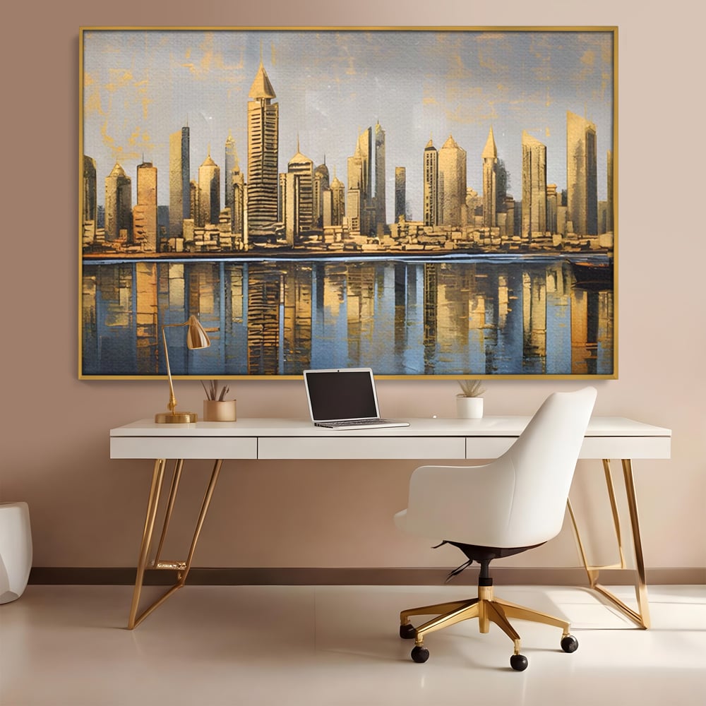 Tablou Canvas Premium LuxCanva® A1383, Oras In Oglinda , Living, Cladiri, Reflexie, Dormitor, Culori Vibrante