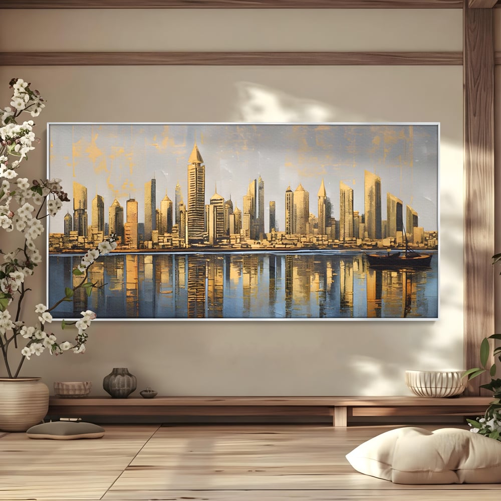 Tablou Canvas Premium LuxCanva® A1383, Oras In Oglinda , Living, Cladiri, Reflexie, Dormitor, Culori Vibrante