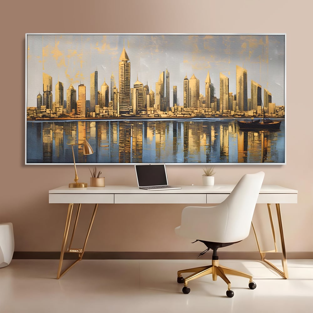 Tablou Canvas Premium LuxCanva® A1383, Oras In Oglinda , Living, Cladiri, Reflexie, Dormitor, Culori Vibrante