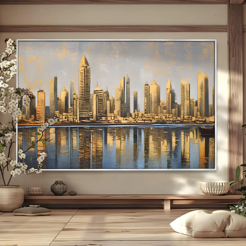 Tablou Canvas Premium LuxCanva® A1383, Oras In Oglinda , Living, Cladiri, Reflexie, Dormitor, Culori Vibrante