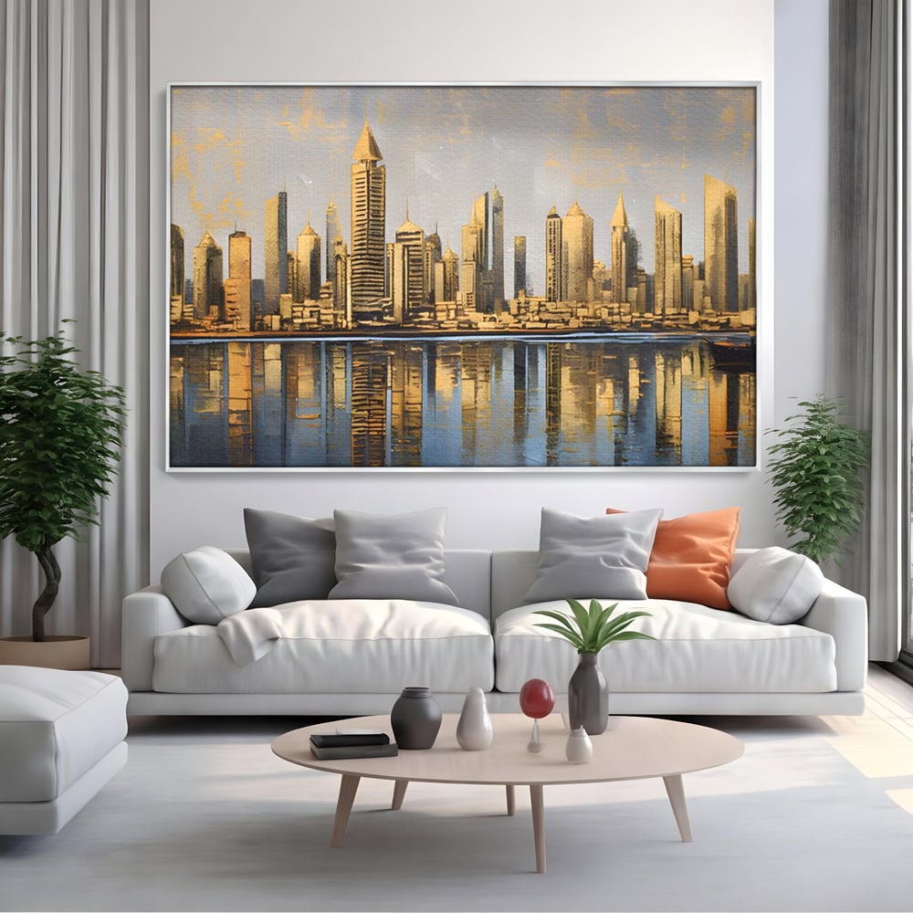 Tablou Canvas Premium LuxCanva® A1383, Oras In Oglinda , Living, Cladiri, Reflexie, Dormitor, Culori Vibrante