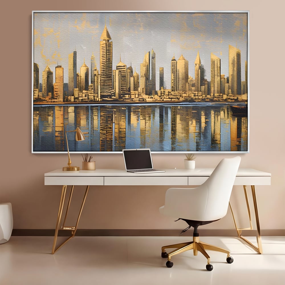 Tablou Canvas Premium LuxCanva® A1383, Oras In Oglinda , Living, Cladiri, Reflexie, Dormitor, Culori Vibrante