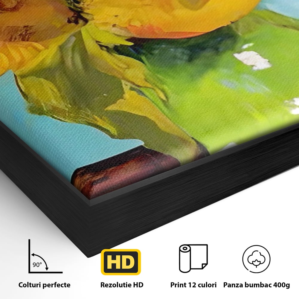 Tablou Canvas Premium LuxCanva® A1399, Floarea Soarelui ,  Room, Floare Galbena, Vaza, Pictura, Planta, Dormitor, Culori Vibrante
