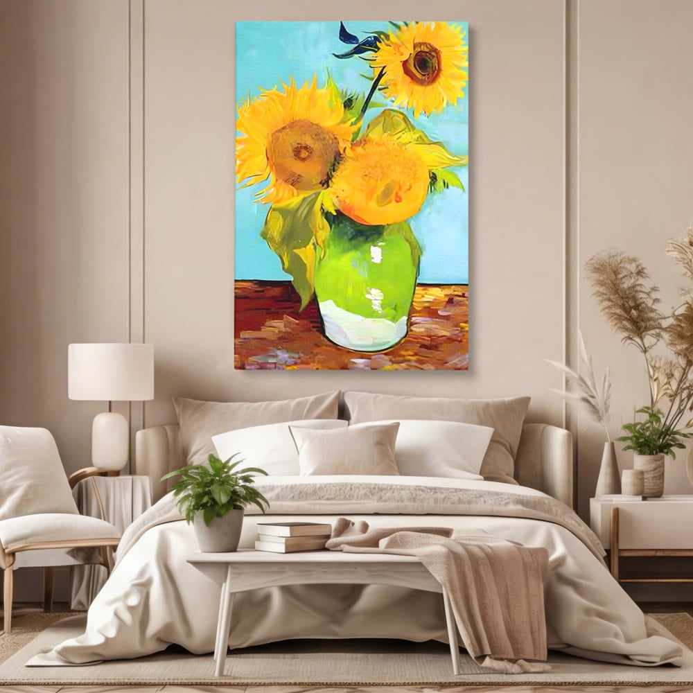 Tablou Canvas Premium LuxCanva® A1399, Floarea Soarelui ,  Room, Floare Galbena, Vaza, Pictura, Planta, Dormitor, Culori Vibrante