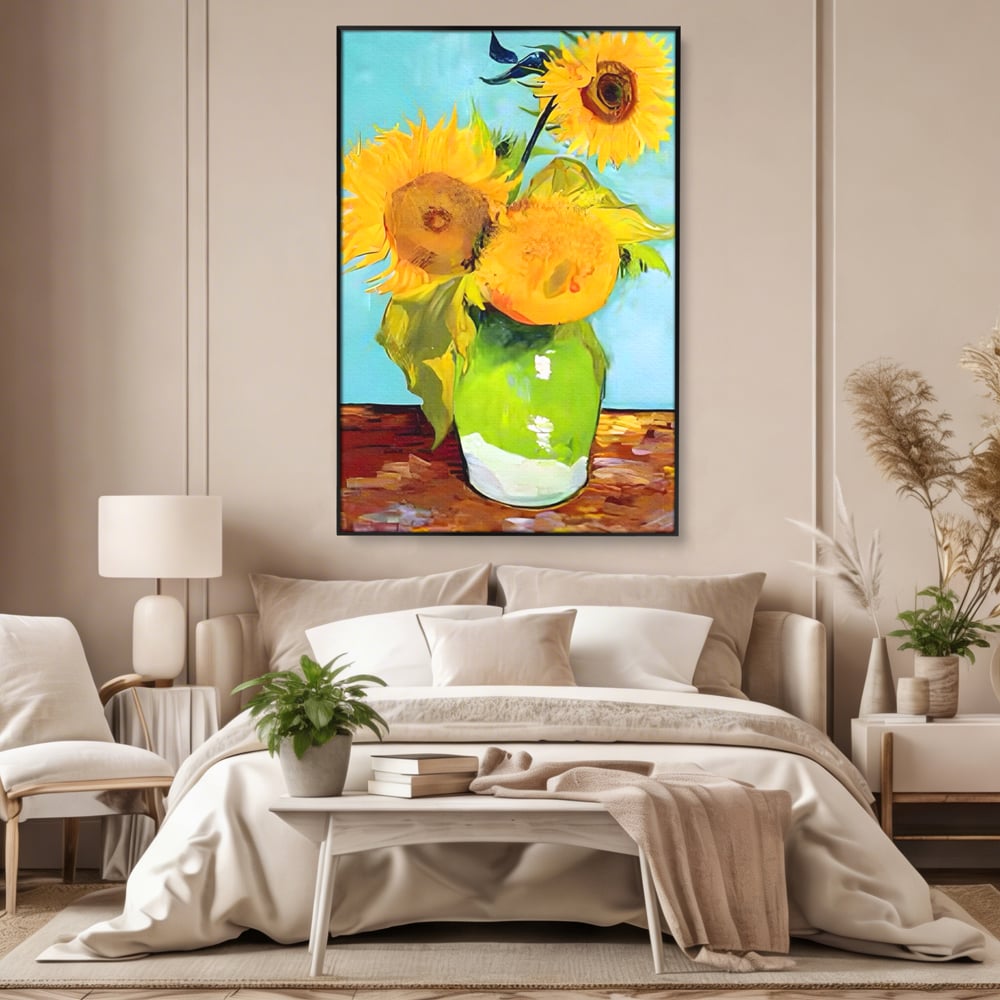 Tablou Canvas Premium LuxCanva® A1399, Floarea Soarelui ,  Room, Floare Galbena, Vaza, Pictura, Planta, Dormitor, Culori Vibrante