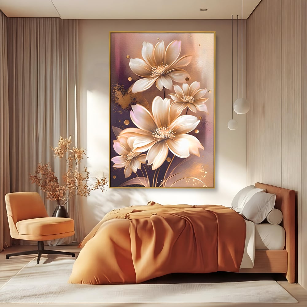 Leinwandbilder LuxCanva Premium Leinwandbilder® A1405, Goldene Blumen, Zimmer, Pflanze, Gold, Dekorativ, Blütenblätter, Schlafzimmer, Lebendige Farben