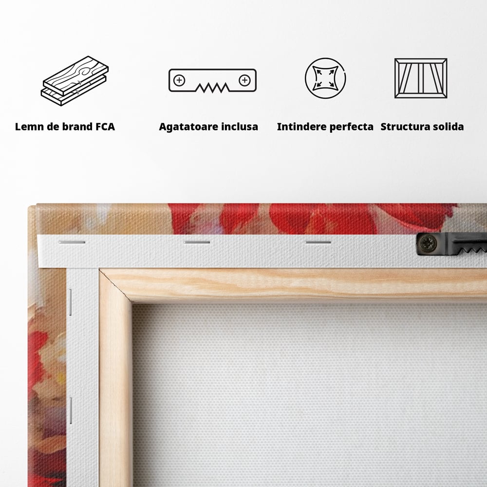 Tablou Canvas Premium LuxCanva® A1406, Floare Rosie , Room, Planta, Auriu, Decorativ, Dormitor, Culori Vibrante