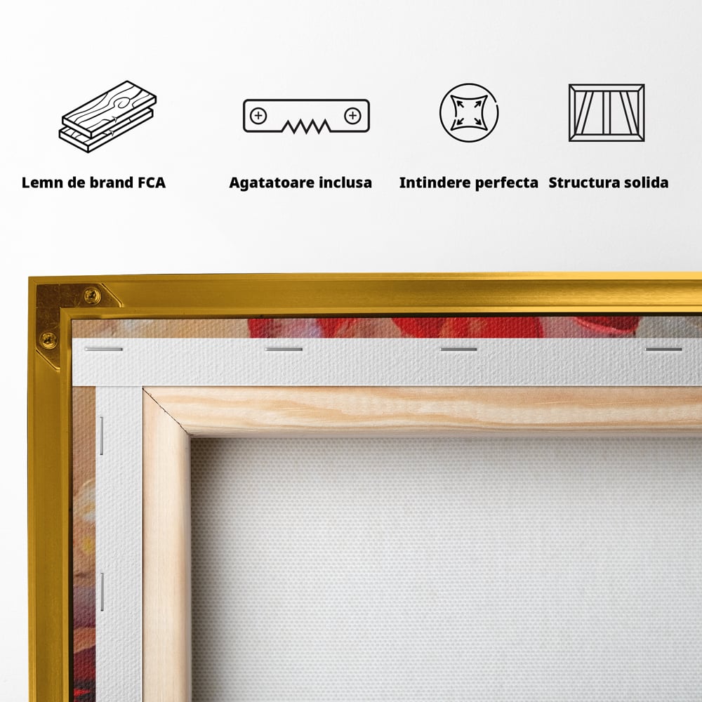 Tablou Canvas Premium LuxCanva® A1406, Floare Rosie , Room, Planta, Auriu, Decorativ, Dormitor, Culori Vibrante