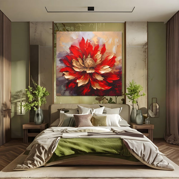 Tablou Canvas Premium LuxCanva® A1406, Floare Rosie , Room, Planta, Auriu, Decorativ, Dormitor, Culori Vibrante
