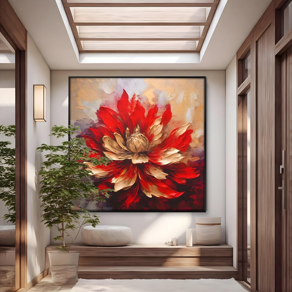 Tablou Canvas Premium LuxCanva® A1406, Floare Rosie , Room, Planta, Auriu, Decorativ, Dormitor, Culori Vibrante