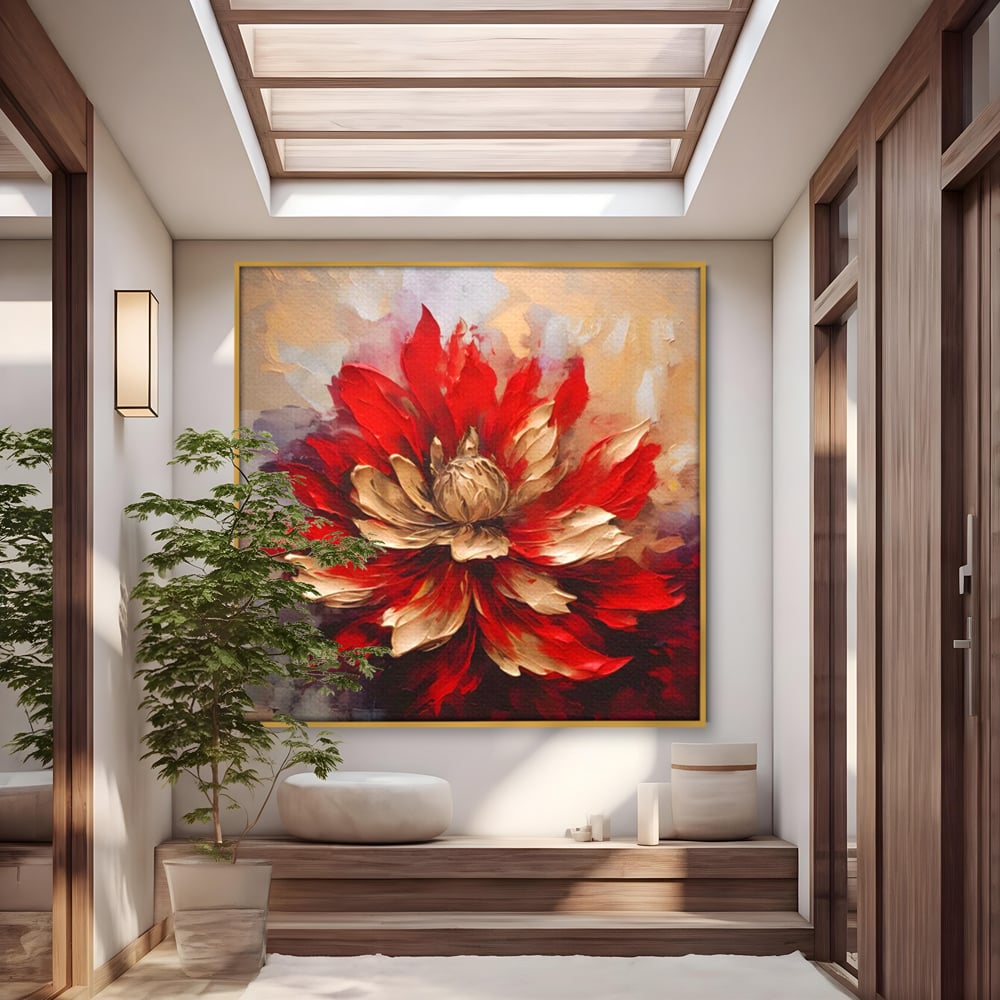 Tablou Canvas Premium LuxCanva® A1406, Floare Rosie , Room, Planta, Auriu, Decorativ, Dormitor, Culori Vibrante