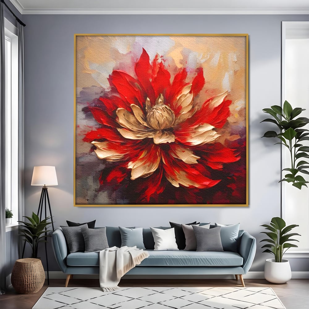 Tablou Canvas Premium LuxCanva® A1406, Floare Rosie , Room, Planta, Auriu, Decorativ, Dormitor, Culori Vibrante