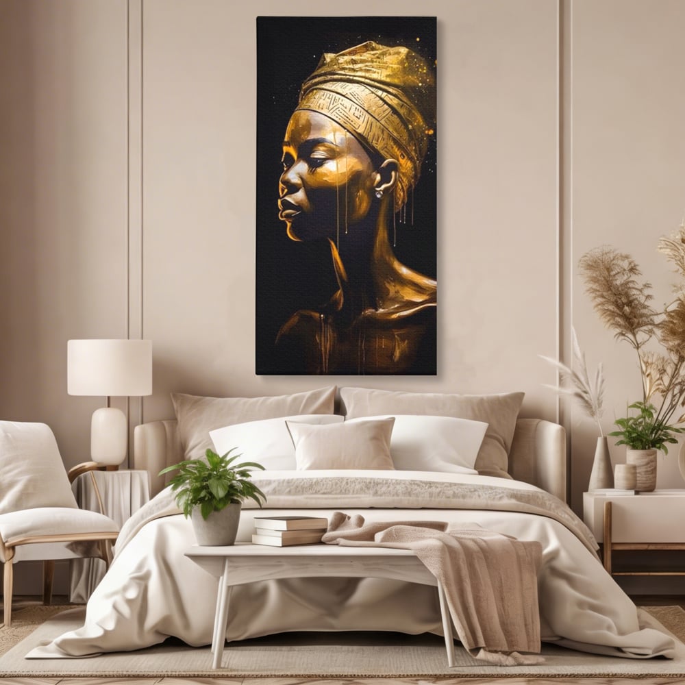 Tablou Canvas Premium LuxCanva® A1409, Golden African ,  Room, Femeie, Auriu, Decorativ, Studio, Culori Vibrante