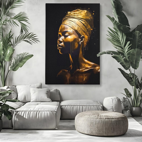 Tablou Canvas Premium LuxCanva® A1409, Golden African ,  Room, Femeie, Auriu, Decorativ, Studio, Culori Vibrante